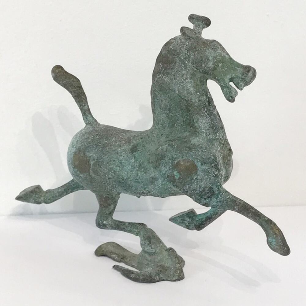 VTG Bronze Gansu Horse Success Sculpture Verdigris Patina Cast Swallow Bird Base